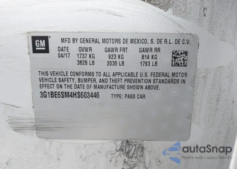 2017 Chevrolet Cruze Lt Auto из США, поврежденный, VIN 3G1BE6SM4HS603446